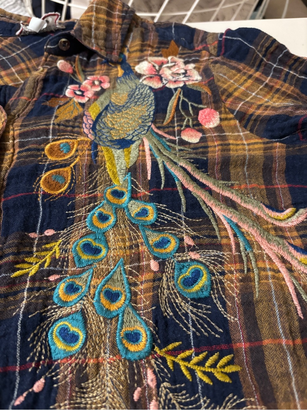 Johnny Was Quito Painters Smock Size Small Tunic Plaid Floral Peacock Gauze Soft - Picture 9 of 11